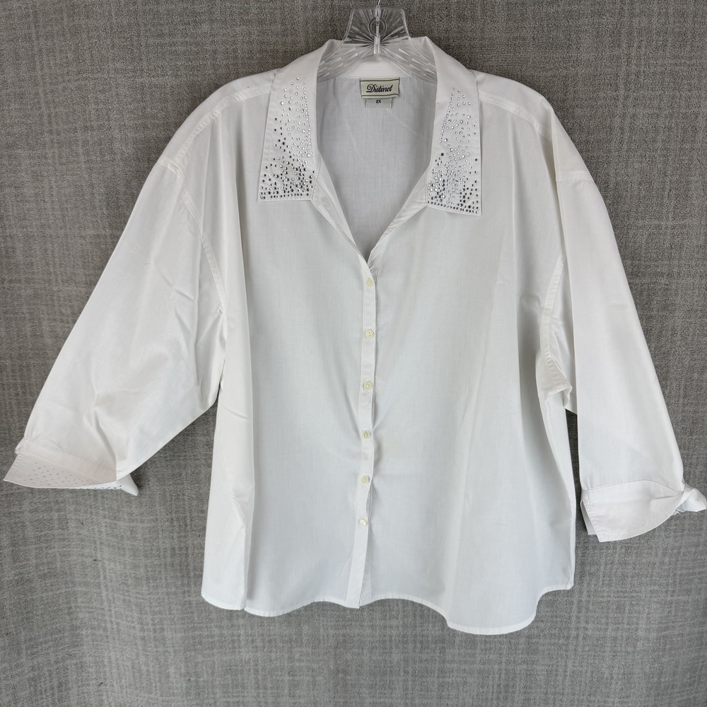 Distinct Blouse Womens 2X White Collared Rhinestone 3/4 Sleeve Lightweight 2002L